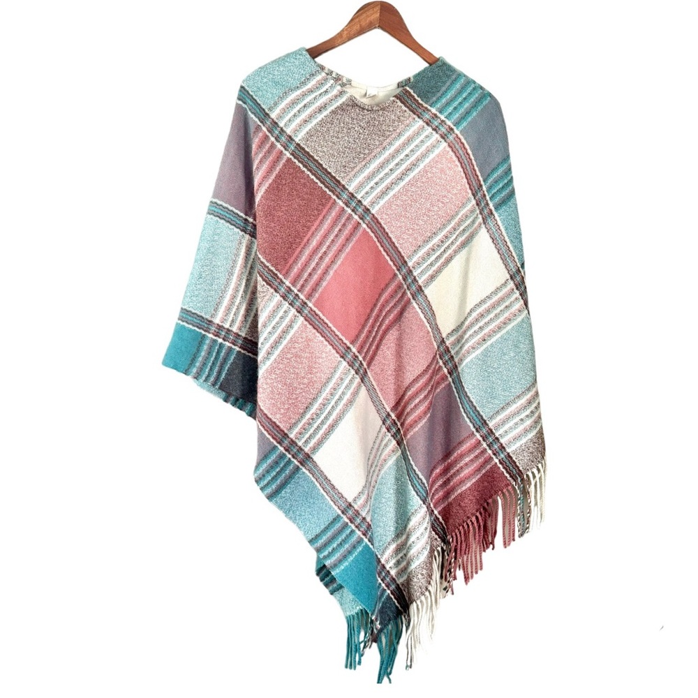 Cato Acrylic Plaid Pullover Fringe Knit Poncho Beige Red One Size